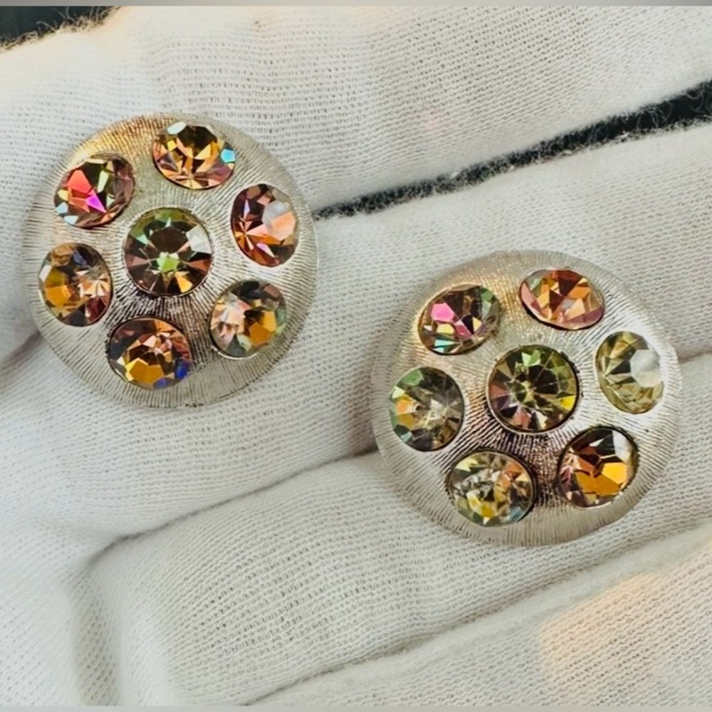 VTG Celebrity NY Aurora Borealis Rhinestone Silver Clip On Earrings 50’s Glam - Picture 1 of 4